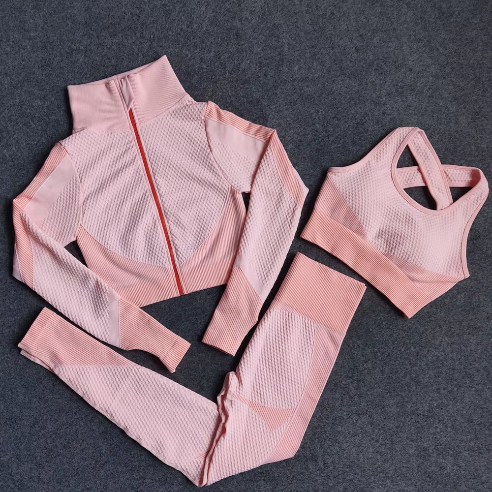 Women Yoga Set Gym Clothing Sport Fitness Suit Running Clothes Zip Long Sleeves Top+ Leggings Female Seamless Gym Yoga Bra Suits