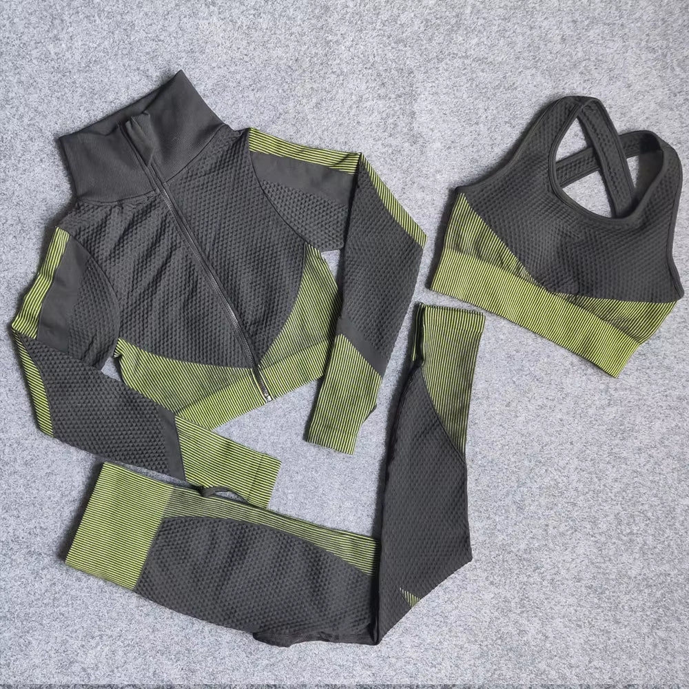 Women Yoga Set Gym Clothing Sport Fitness Suit Running Clothes Zip Long Sleeves Top+ Leggings Female Seamless Gym Yoga Bra Suits