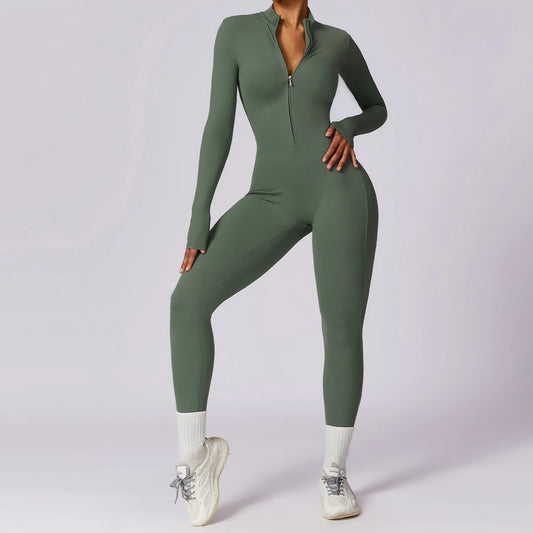 Fashion Zipper Long Sleeve Fitness Overalls Women Sportswear Quick-Dry Gym Yoga Jumpsuit Black Sport Set Women One Piece Outfit